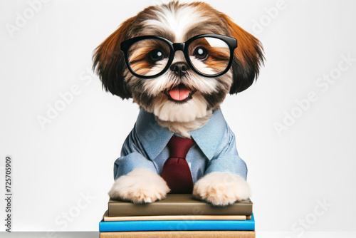 funny smiling Shih Tzu dog school with glasses hold books on solid white background. ai generative