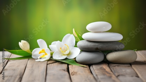 Balance stone spa massage with white Frangipani or plumeria flowers on wooden floor. Women s body care and beauty clinic.