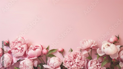 Fototapeta Naklejka Na Ścianę i Meble -  Pink peonies on pink background. Flat lay, top view, copy space