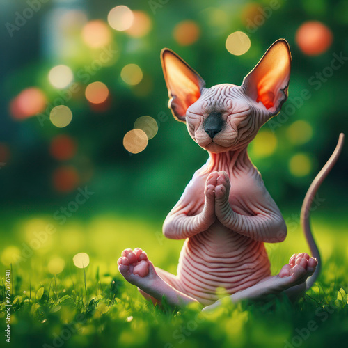 Cute sphinx cat doing yoga green nature grass bokeh background. ai generative