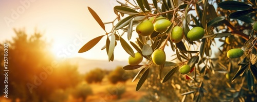 Fresh bio green olives in olives tree farm, healthy food panorama banner with sunset. Generative Ai. photo