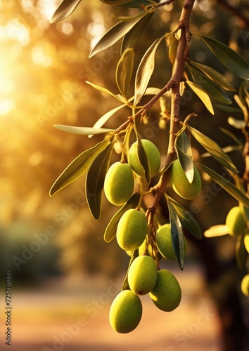 Fresh bio green olives in olives tree farm, healthy bio food with sunset. Generative Ai.
