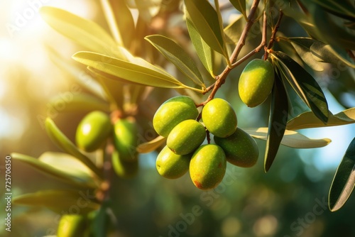 Fresh bio green olives in olives tree farm  healthy bio food with sunset. Generative Ai.
