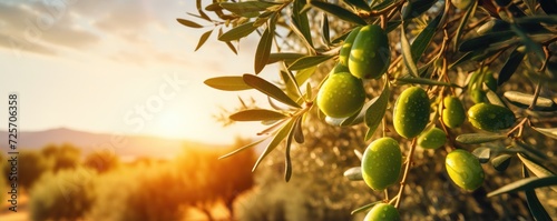 Fresh bio green olives in olives tree farm  healthy food panorama banner with sunset. Generative Ai.