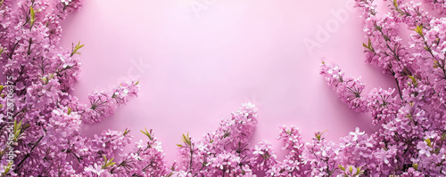 Beautiful lilac flowers on a pink background with copy space for text, top view.