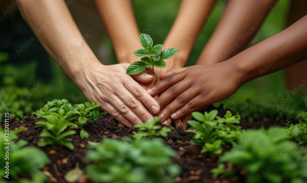 Multiple hands of diverse people coming together to protect and nurture a young green plant, symbolizing teamwork in environmental conservation.