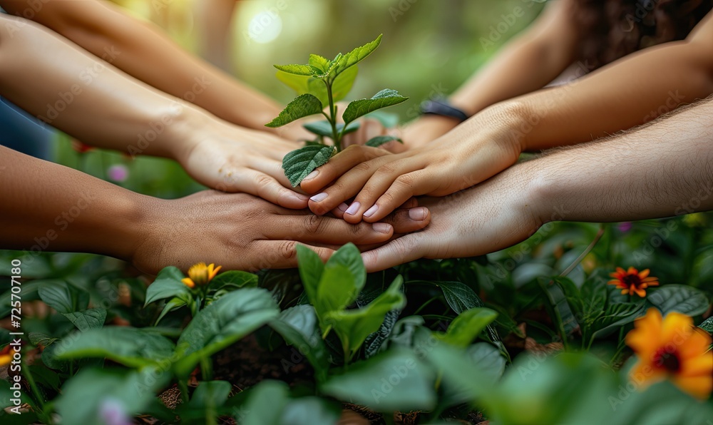 Multiple hands of diverse people coming together to protect and nurture a young green plant, symbolizing teamwork in environmental conservation.