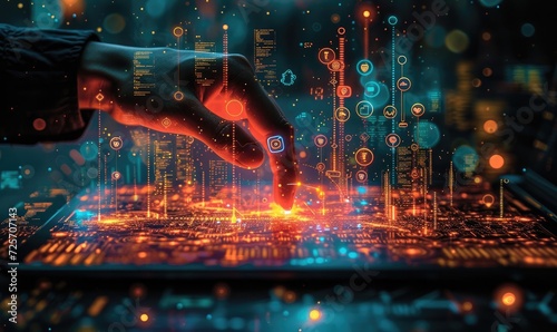 A hand touching a vibrant digital interface with dynamic light particles, representing advanced human-computer interaction and futuristic technology.