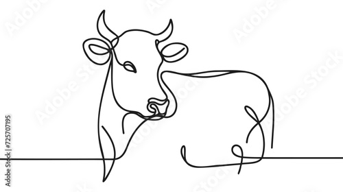 Cow on pasture in continuous line art drawing style. Grazing cow minimalist black linear sketch isolated on white background.