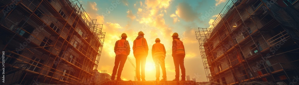 High-angle view of construction workers with hard hats examining blueprints at a building site during early morning hours. - obrazy, fototapety, plakaty 