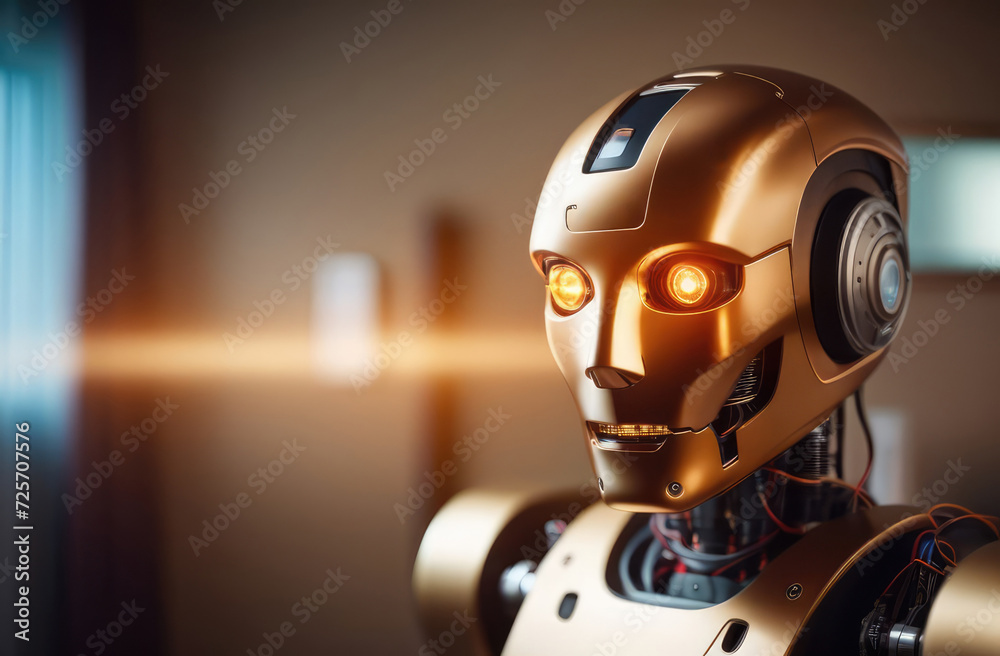 Humanlike robot cyborg with glowing eyes. Blurred background of the office, laboratory. Concept of artificial intelligence, future technologies, robotization, copy space
