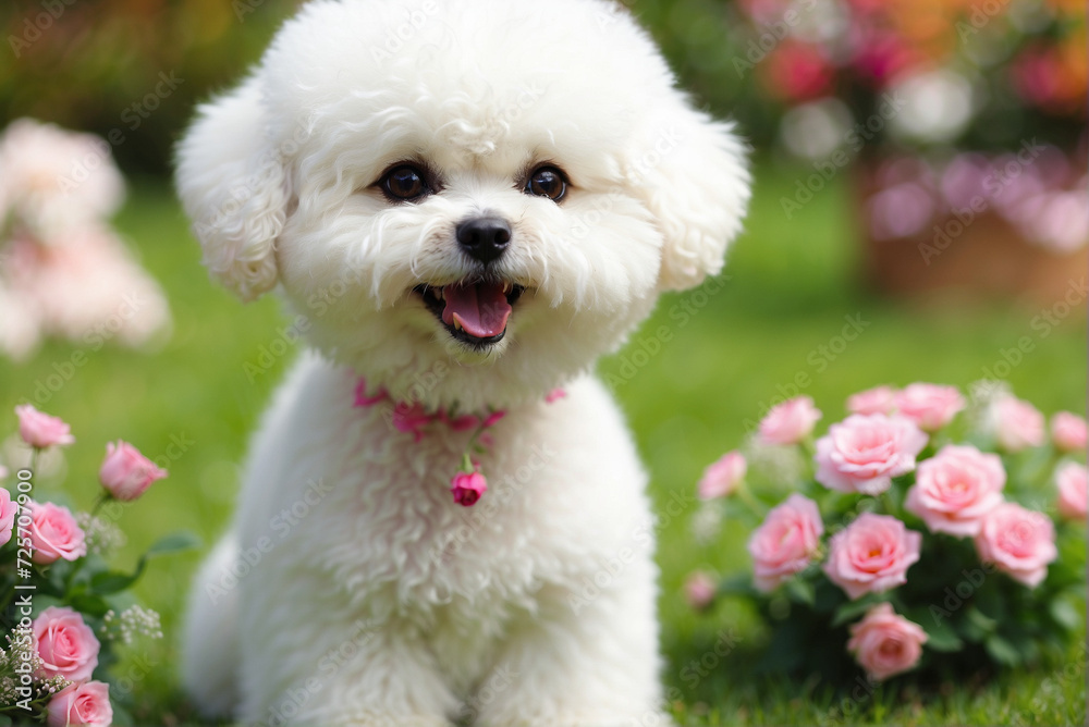 Adorable perrito blanco y feliz de la raza Bichon Frize, en un jardín con flores. Adorable perrito blanco y feliz de la raza Bichon Frize, en un jardín con flores.