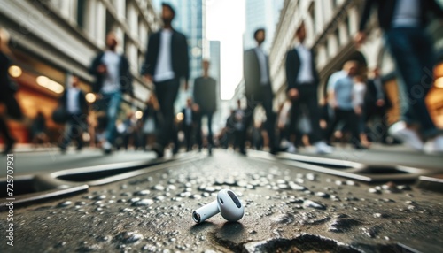 A lost wireless earbud on a busy city street, overlooked by passing pedestrians, emphasizing its unnoticed presence among the urban hustle