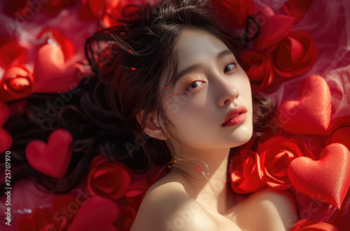 a beautiful woman lying on a bed of red hearts
