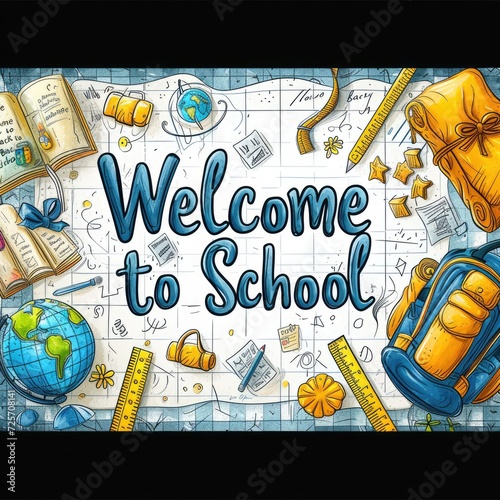 Vibrant and detailed "Welcome Back to School" illustration with school supplies, a bus, and fall motifs.