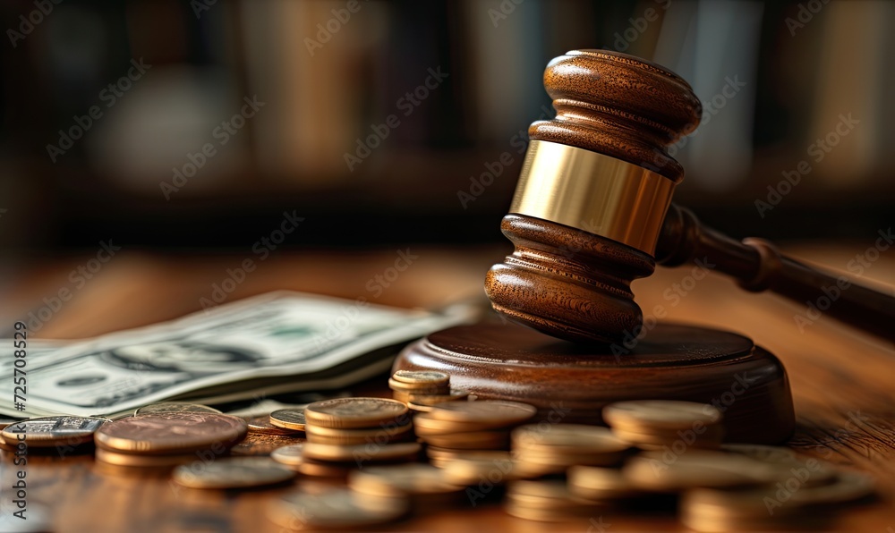 A wooden judge's gavel rests on a pile of cash on a wooden table, symbolizing the intersection of law and financial matters. A wooden judge's gavel rests on a pile of cash on a wooden table, symbolizing the intersection of law and financial matters.