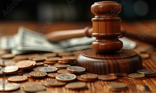A wooden judge's gavel rests on a pile of cash on a wooden table, symbolizing the intersection of law and financial matters.