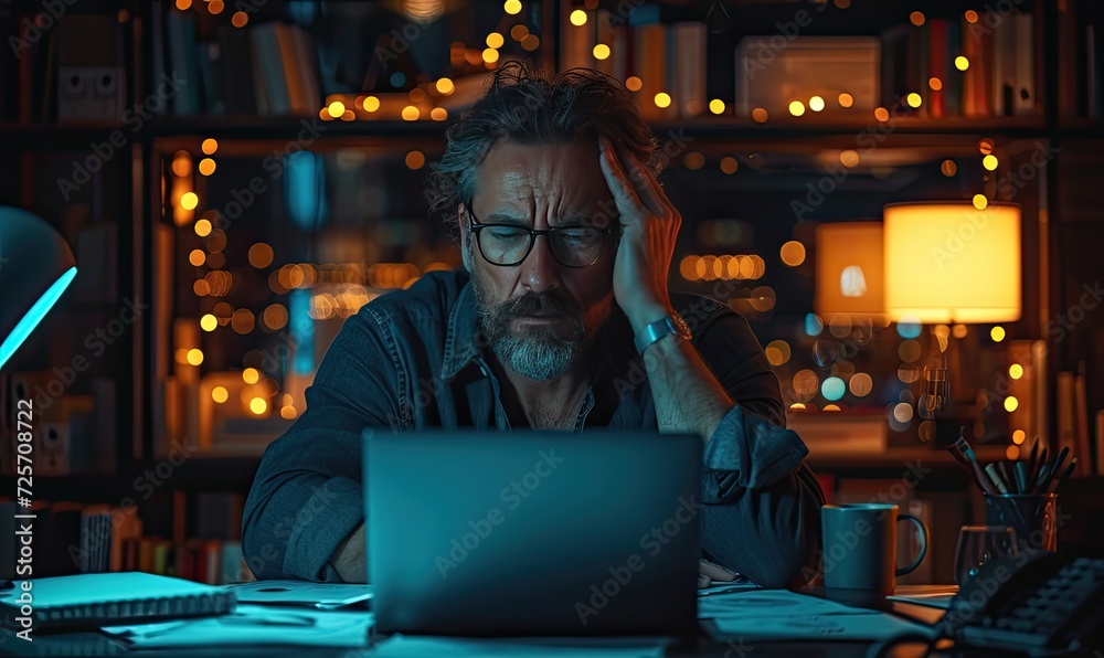 A worried man works on his laptop at night, surrounded by paperwork and ambient lighting in his home office.