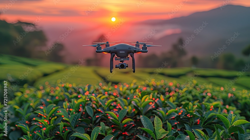 An advanced drone hovers above a lush green tea plantation with the sun rising over the distant mountains.