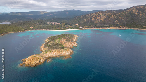 Aerial drone footage of the crystalline sea of ​​Sardinia. Tuerredda beach and white sand. photo