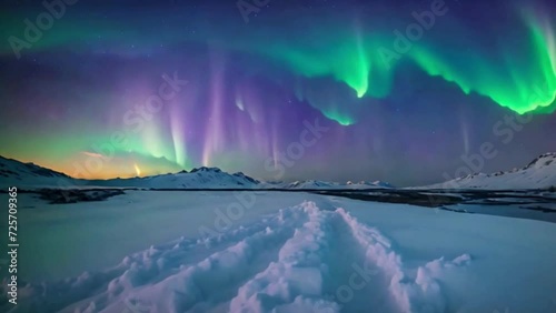 glowing northern lights dancing in the night sky, aurora borealis over snowy mountains photo