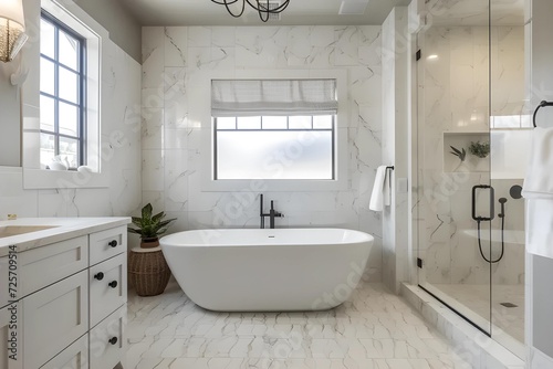 Sleek Modern Bathroom Featuring a Freestanding Tub  Luxurious Marble Tiles  and Designer Fixtures.