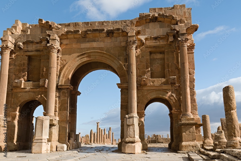 View of Arch de Trajan. The ruins of the Roman city of Timgad dating from the 2nd century. Algeria. Africa.