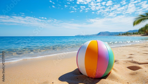 beach ball on a tropical sandy beach during summer. Beach ball in sand. Summertime vacation with clear blue water and the sun
