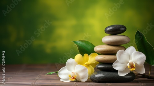 Balance stone spa massage with white Frangipani or plumeria flowers on wooden floor. Women s body care and beauty clinic.