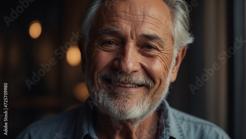 Portrait of an old man with a smile. Wrinkles, gray hair. A kind look. An elderly grandfather. A mature person. © OneMoreTry