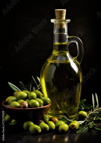 Fresh bio olive oil in glass bottle with ripe olives, healthy food farm concept. Generative Ai.