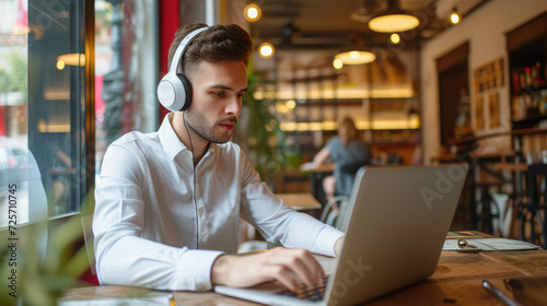 Young man wearing wireless headphones using laptop in cafe. Freelance working concept.
