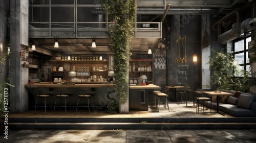 Cafe interior with industrial building house style and cool indoor plants	