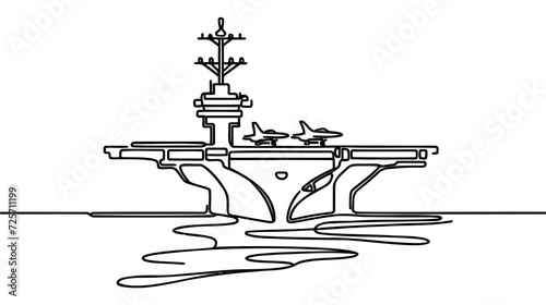 One continuous line aircraft carrier. Vector illustration isolated on white background