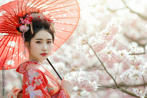 a beautiful japan girl wearing traditional costume with the cherry blossom