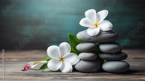 Balance stone spa massage with white Frangipani or plumeria flowers on wooden floor. Women s body care and beauty clinic.