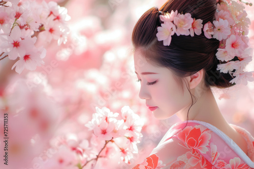 a beautiful japan girl wearing traditional costume with the cherry blossom amd pagoda background