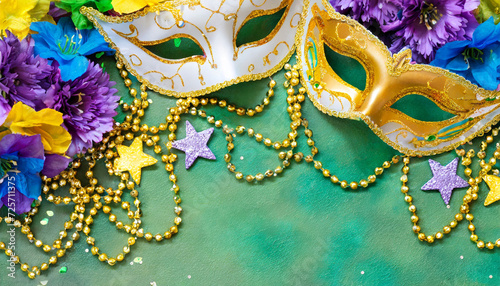 Carnival masks with stars and beads on the festival background
