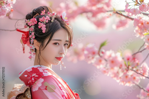 a beautiful japan girl wearing traditional costume with the cherry blossom amd pagoda background