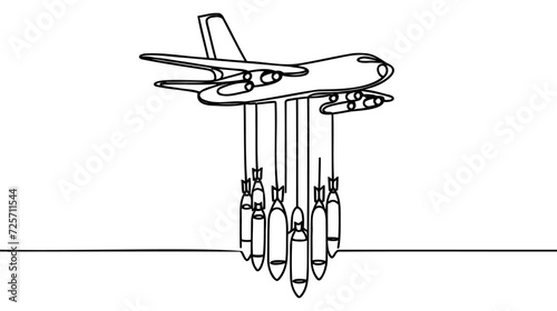 Army combat bomber plane. Military bomber with missiles. One continuous line vector illustration