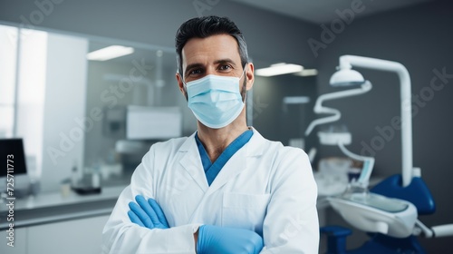 Professional specialist male doctor crossing his arms using mask  wearing a white lab coat.