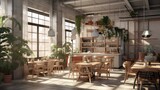 Cafe interior with industrial building house style and cool indoor plants	