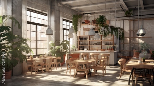 Cafe interior with industrial building house style and cool indoor plants 