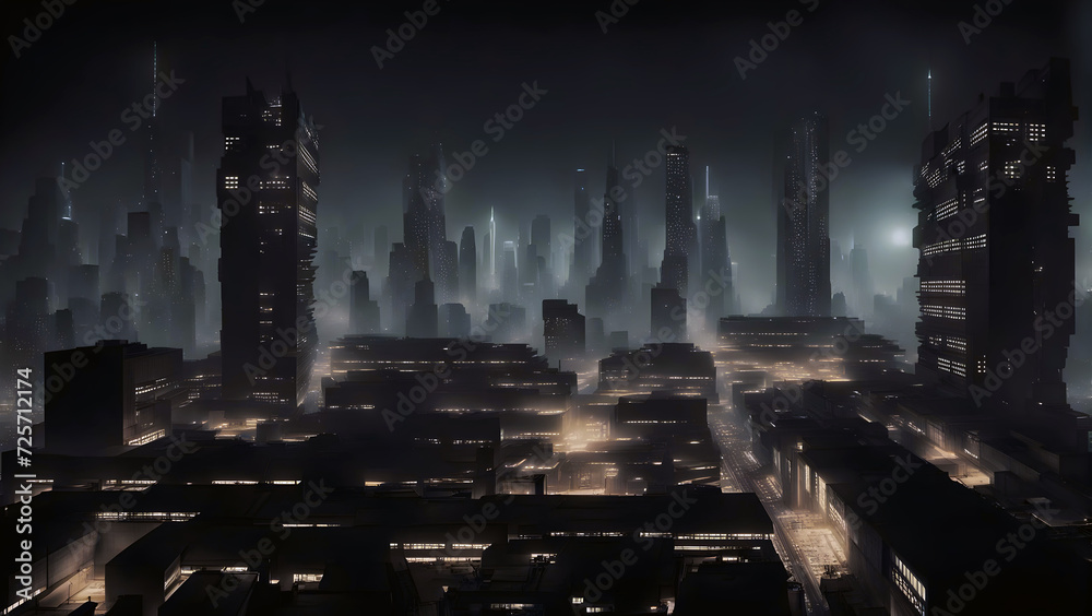 cinematic cityscape view of a massive futuristic cyberpunk city at night crowded with glowing tall buildings