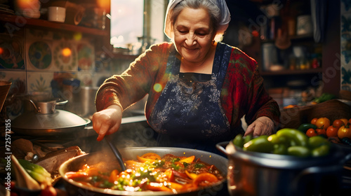 Elderly Georgian grandmother passionately prepares traditional dishes in her cozy, chaotic kitchen, emanating warmth and cultural richness. photo