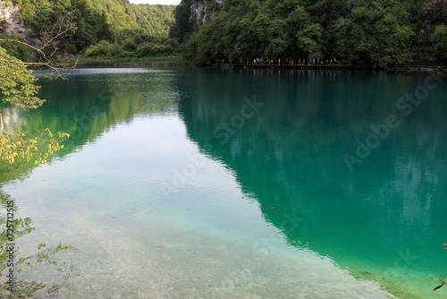 Azure Crystal Clear Water Of Lake. Lake Trails. Lake Hikes. Area of Outstanding Natural Beauty. Plitvice Lakes National Park