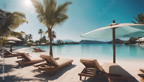 Panoramic holiday landscape. Luxurious beach resort hotel swimming pool and beach chairs or loungers