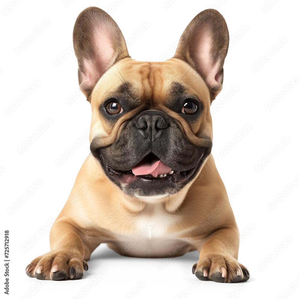 Cute french bulldog puppy, facing forward, tan fawn color frenchie, looking at camera, transparent background silhouette, room for type, dog breeds, pet care, animal companionship, veterinary concepts