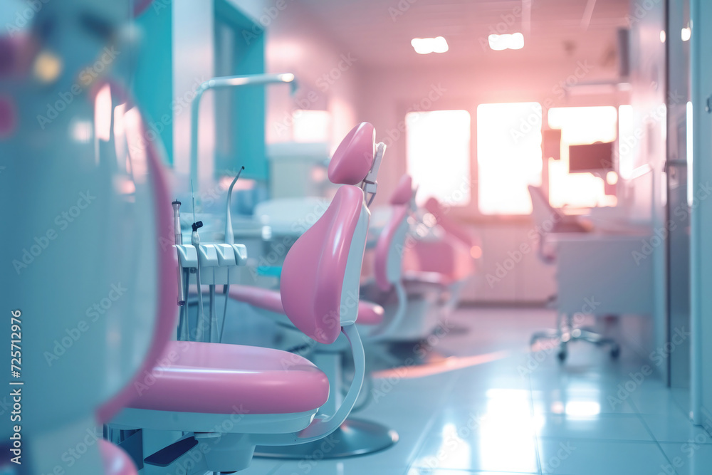 empty dental office, pink patient chair with apparatus empty dental office, pink patient chair with apparatus