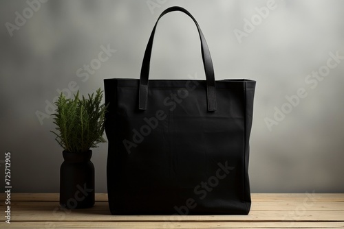 Black shopping bag. A plain black tote bag on an aesthetic tabled. Blank black tote bag , mock up 